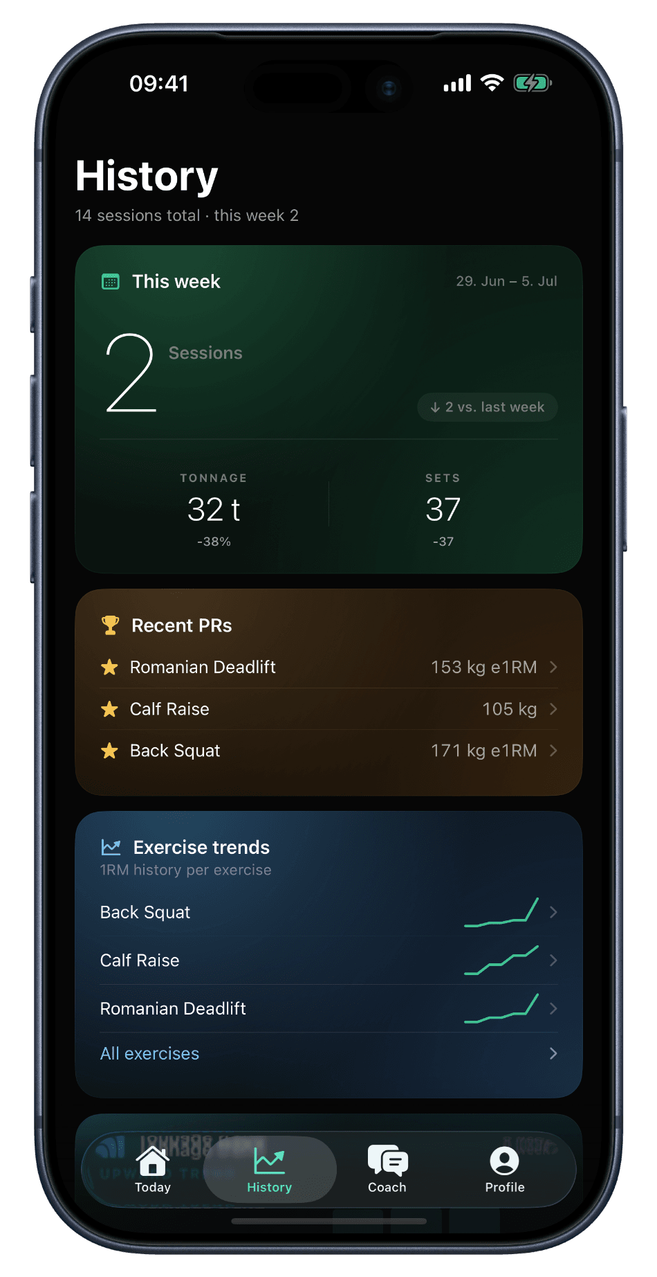 RefineSimple 1RM-Verlauf und PRs