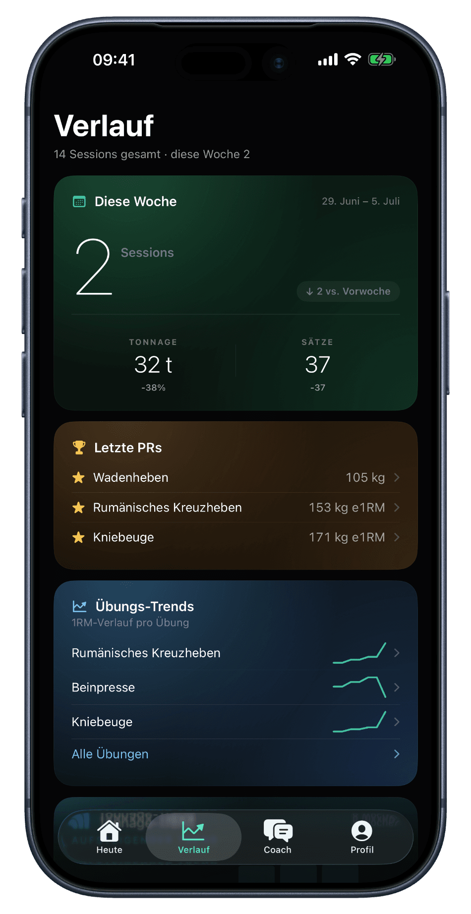 RefineSimple 1RM-Verlauf und PRs