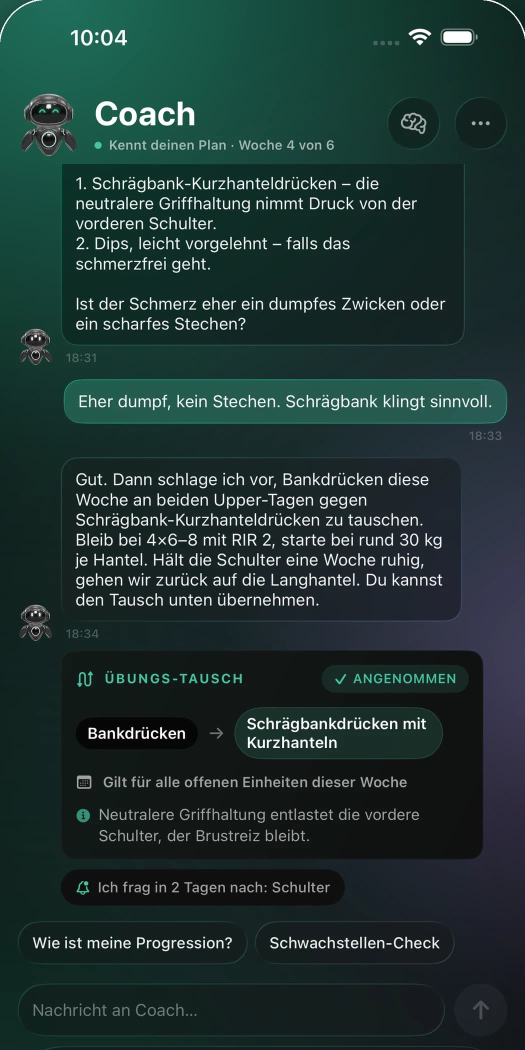 RefineSimple Coach-Chat mit Übungs-Tausch als Karte