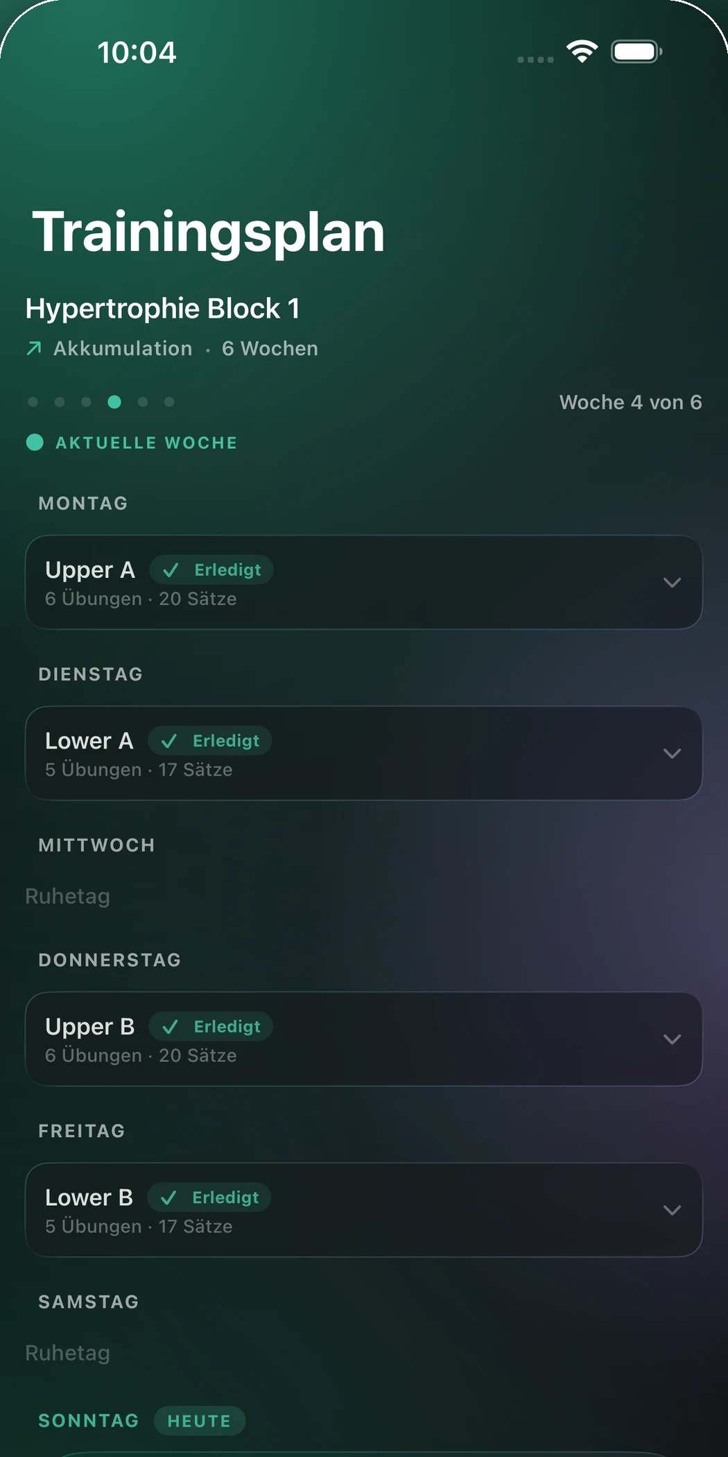RefineSimple Plan-Tab mit Mesozyklus und Status pro Einheit