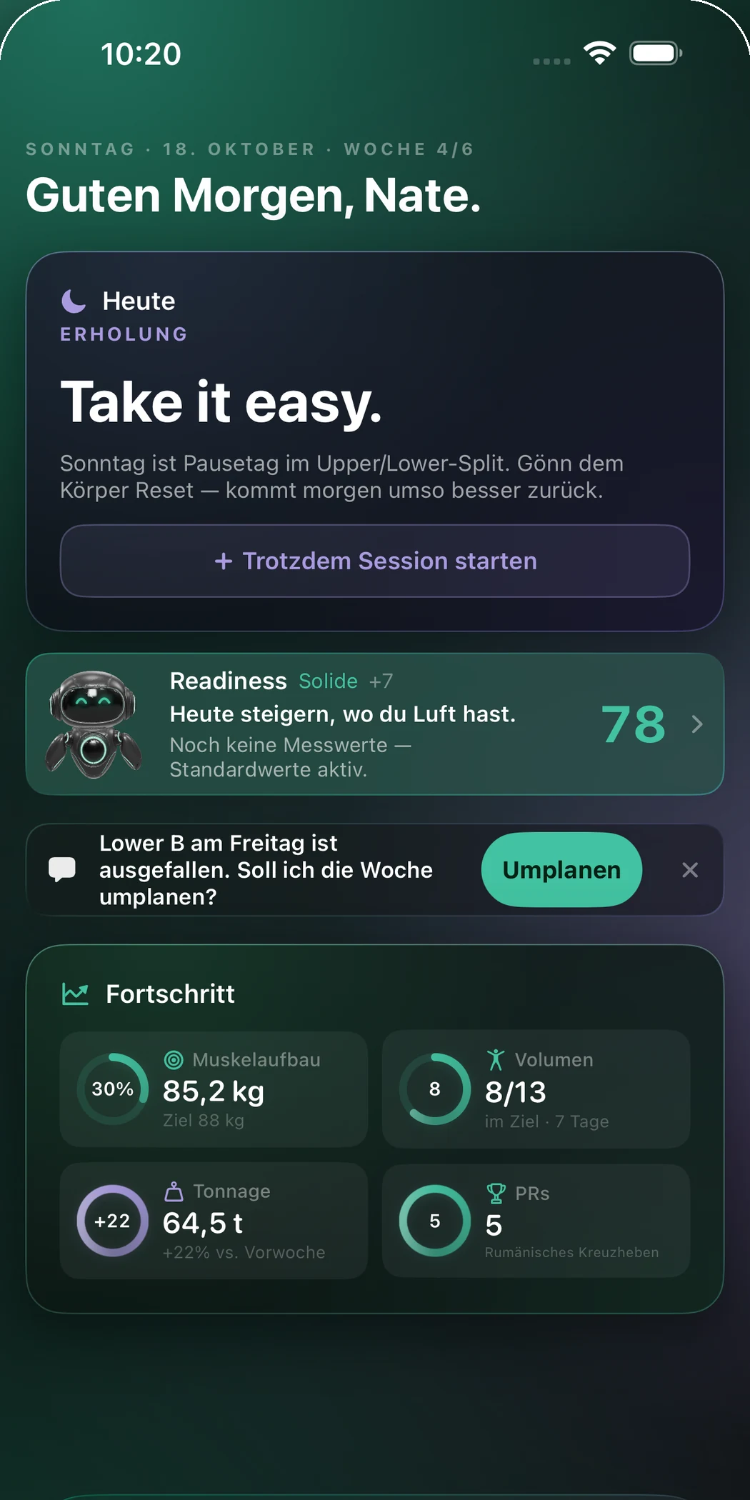 RefineSimple Heute-Tab mit Readiness 78 und Tagesempfehlung