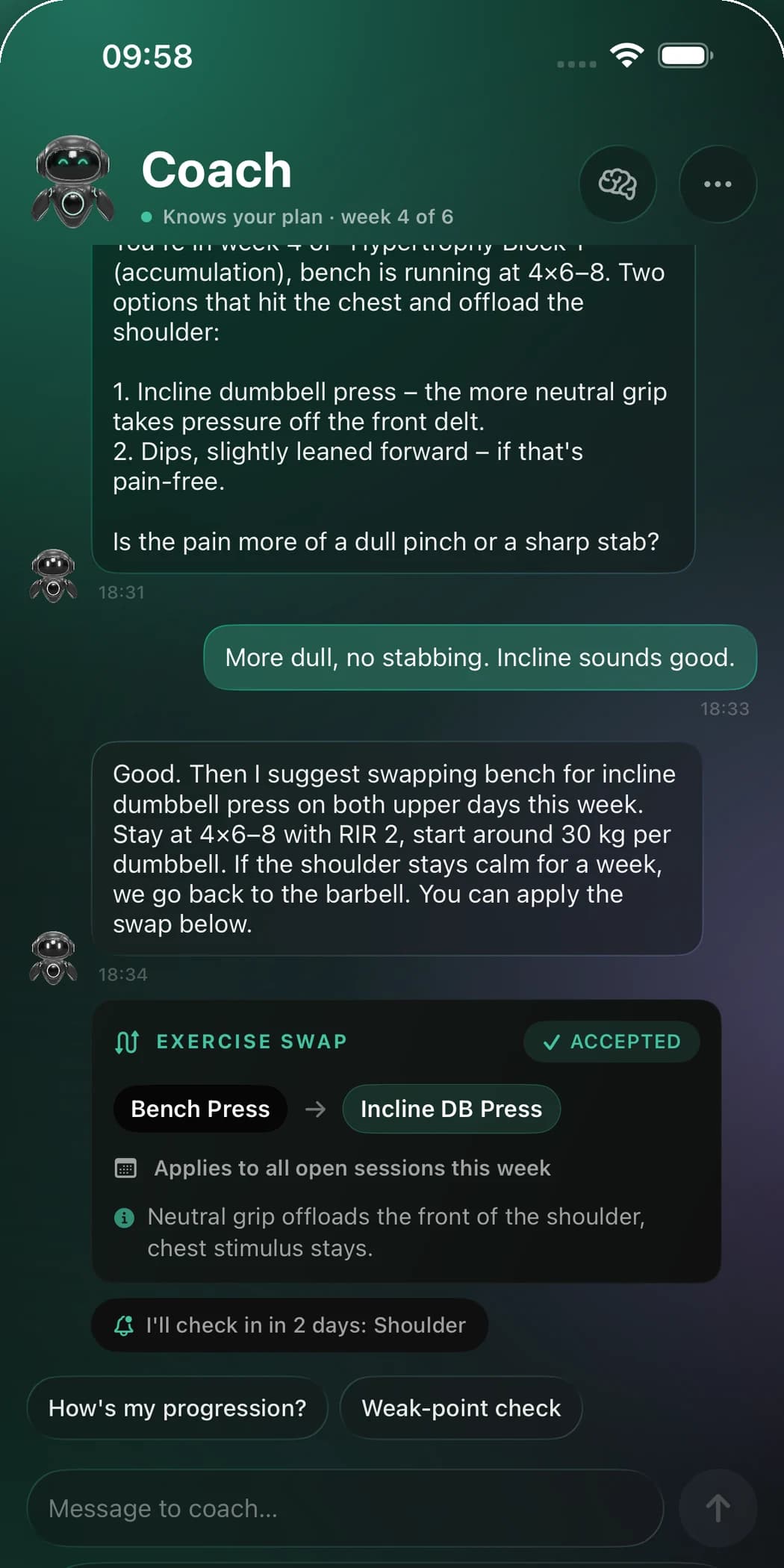 RefineSimple coach chat with an exercise swap card