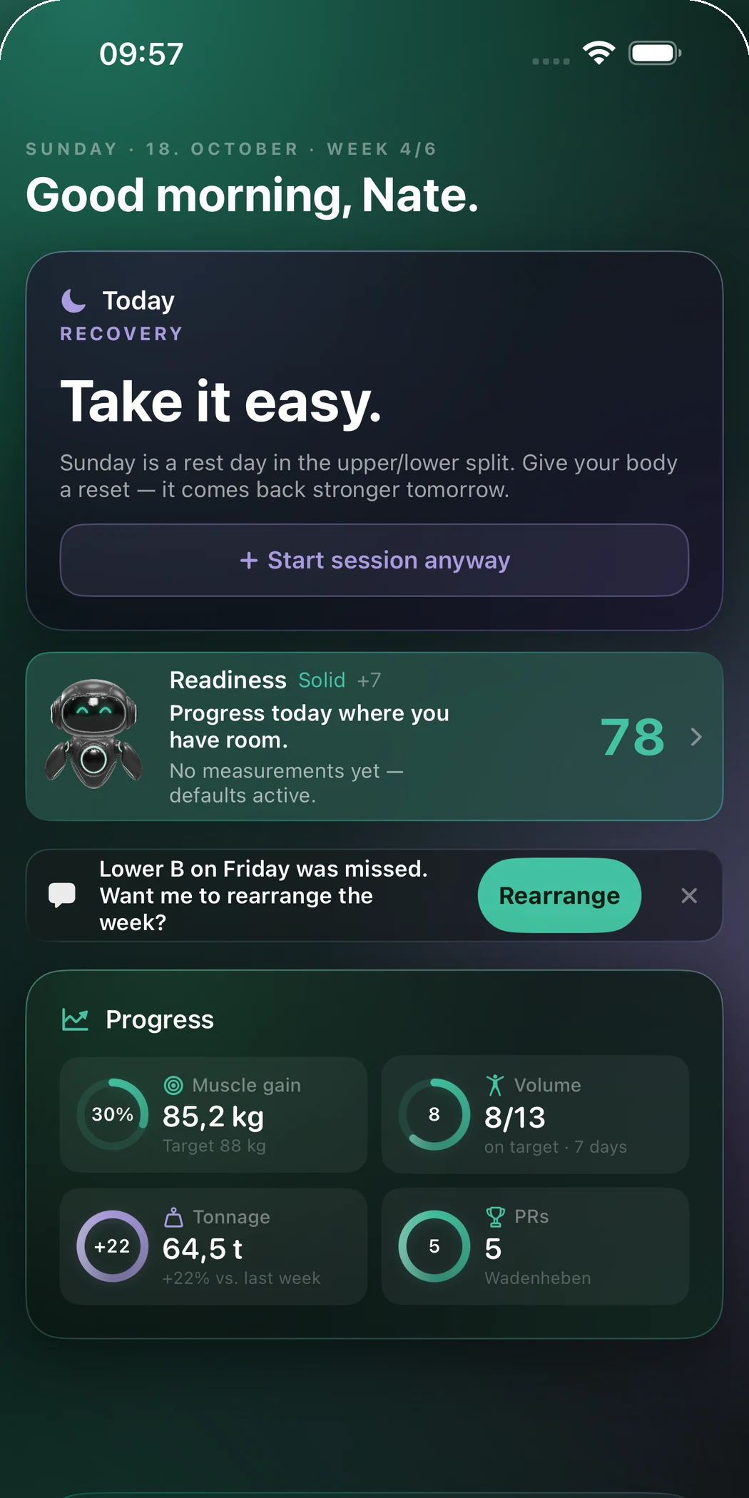 RefineSimple Today tab with readiness 78 and the daily recommendation